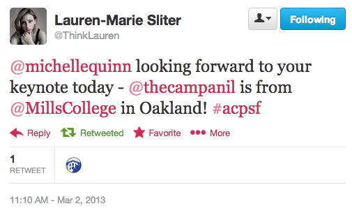 Lauren's tweet to Michelle Quinn before her keynote speech. (Twitter)
