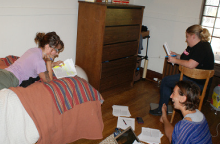 Students Wehmeyer (left) and Patrick (top right) study with friend Sara Melish. (Sara Borden)