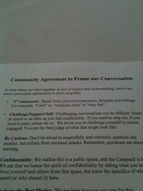 Image tweeted by @thecampanil: "Community Agreement guidelines are set out on each table #millstownhall"